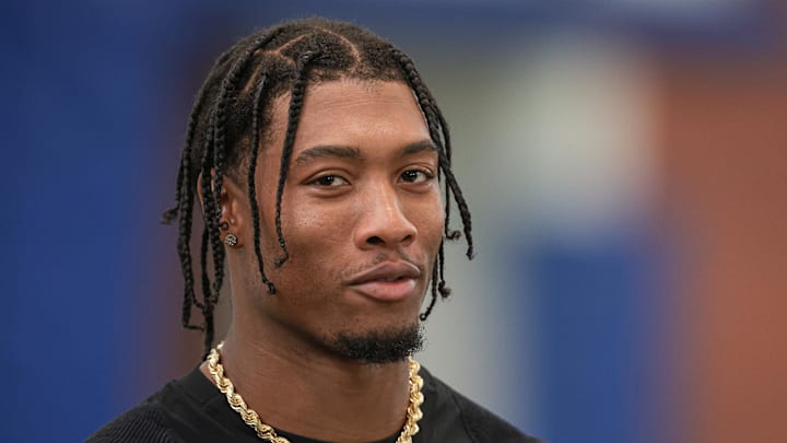 Isaiah Simmons during a media session at New York Giants training camp in July 2024