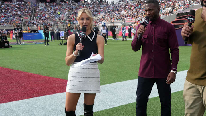 ESPN broadcasters Laura Rutledge and Ryan Clark during the 2025 Pro Bowl Games at Camping World Stadium. 