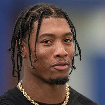 Jul 24, 2024; East Rutherford, NJ, USA;New York Giants safety Isaiah Simmons (19) talks with media during training camp at Quest Diagnostics Training Facility. Mandatory Credit: Vincent Carchietta-Imagn Images