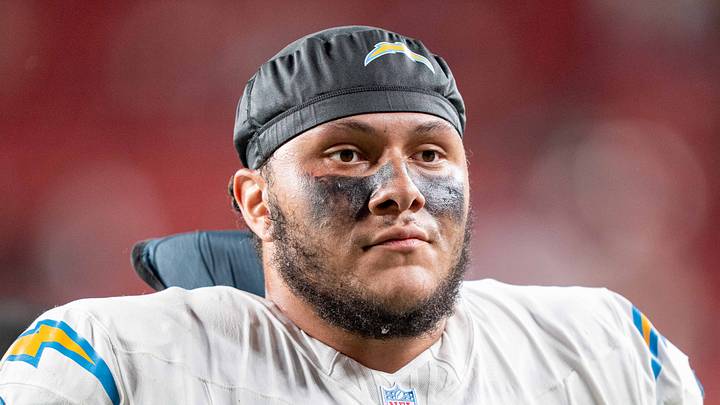 August 23, 2025; Santa Clara, California, USA; Los Angeles Chargers guard Branson Taylor (71) after the game against the San Francisco 49ers at Levi's Stadium. Mandatory Credit: Kyle Terada-Imagn Images