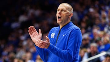 Oct 30, 2025; Lexington, KY, USA; Kentucky Wildcats head coach Mark Pope claps on the sideline during the second half against the Georgetown Hoyas at Rupp Arena at Central Bank Center. Mandatory Credit: Jordan Prather-Imagn Images