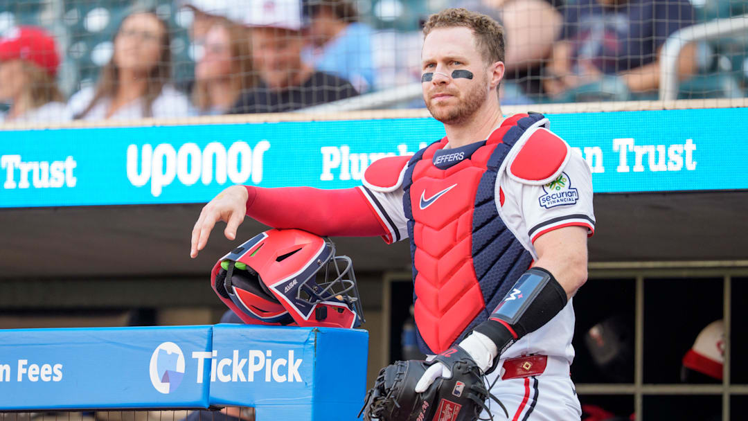 Aug 9, 2025; Minneapolis, Minnesota, USA; Minnesota Twins catcher Ryan Jeffers (27) prepares for the game between the Minnesota Twins and Kansas City Royals at Target Field. 
