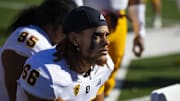 Nov 25, 2022; Tucson, Arizona, USA; Arizona State Sun Devils linebacker James Djonkam (66) against the Arizona Wildcats during the Territorial Cup at Arizona Stadium. Mandatory Credit: Mark J. Rebilas-Imagn Images
