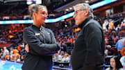 Tennessee head coach Kim Caldwell and UConn head coach Geno Auriemma have a lengthy chat before a women's college basketball game between the Lady Vols and UConn at Thompson-Boling Arena at Food City Center in Knoxville on Thursday, February 6, 2025.
