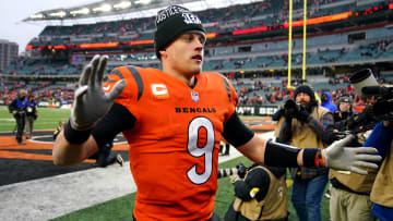 Cincinnati Bengals quarterback Joe Burrow (9) high fives fans at the conclusion of Week 17 NFL game against the Kansas City Chiefs, Sunday, Jan. 2, 2022, at Paul Brown Stadium in Cincinnati. The Cincinnati Bengals defeated the Kansas City Chiefs, 34-31. With the win the, the Cincinnati Bengals won the AFC North division and advance to the NFL playoffs.

Kansas City Chiefs At Cincinnati Bengals Jan 2