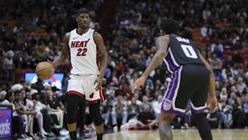 Jan 31, 2024; Miami, Florida, USA; Miami Heat forward Jimmy Butler (22) dribbles the basketball against the Sacramento Kings during the third quarter at Kaseya Center. Mandatory Credit: Sam Navarro-Imagn Images