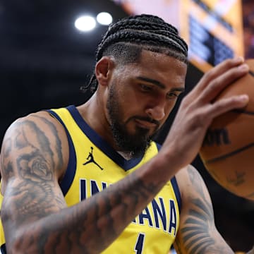 May 31, 2025; Indianapolis, Indiana, USA; Indiana Pacers forward Obi Toppin (1) holds onto the ball in the third quarter during game six of the eastern conference finals against the New York Knicks for the 2025 NBA Playoffs at Gainbridge Fieldhouse. Mandatory Credit: Trevor Ruszkowski-Imagn Images