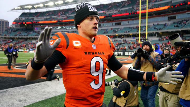 Cincinnati Bengals quarterback Joe Burrow (9) high fives fans at the conclusion of Week 17 NFL game against the Kansas City Chiefs, Sunday, Jan. 2, 2022, at Paul Brown Stadium in Cincinnati. The Cincinnati Bengals defeated the Kansas City Chiefs, 34-31. With the win the, the Cincinnati Bengals won the AFC North division and advance to the NFL playoffs.

Kansas City Chiefs At Cincinnati Bengals Jan 2