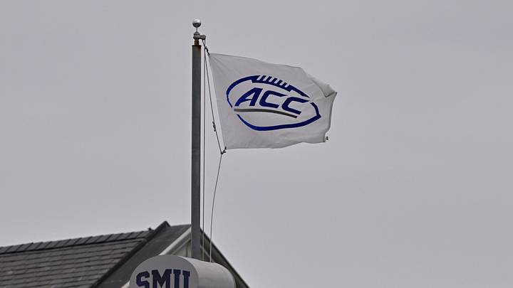 Sep 6, 2025; Dallas, Texas, USA; A view of the ACC and SMU logo during the game between the SMU Mustangs and the Baylor Bears at Gerald J. Ford Stadium. Mandatory Credit: Jerome Miron-Imagn Images