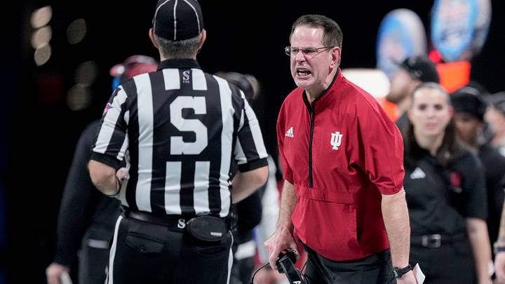 Indiana Hoosiers head coach Curt Cignetti yells at an official Friday, Jan. 9, 2026, during the Peach Bowl and semifinal game of the College Football Playoff against the Oregon Ducks at Mercedes-Benz Stadium in Atlanta.