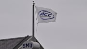 Sep 6, 2025; Dallas, Texas, USA; A view of the ACC and SMU logo during the game between the SMU Mustangs and the Baylor Bears at Gerald J. Ford Stadium. Mandatory Credit: Jerome Miron-Imagn Images
