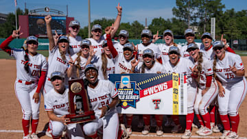 Texas Tech Red Raiders celebrate the team’s 2-1 victory over the Florida State Seminoles in the NCAA WCWS Super Regionals on Friday, May 23, 2025.