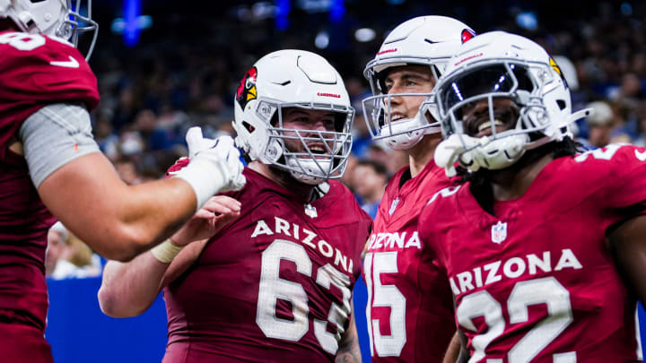 The Arizona Cardinals celebrate a touchdown by Arizona Cardinals quarterback Clayton Tune (15) on Saturday, Aug. 17, 2024, before a preseason game between the Indianapolis Colts and the Arizona Cardinals at Lucas Oil Stadium in Indianapolis.