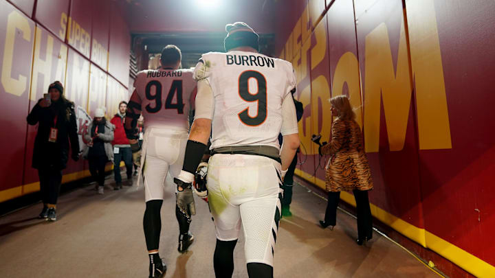 Cincinnati Bengals quarterback Joe Burrow (9) walks off the field at the conclusion of the AFC championship NFL game between the Cincinnati Bengals and the Kansas City Chiefs, Sunday, Jan. 29, 2023, at GEHA Field at Arrowhead Stadium in Kansas City, Mo. The Kansas City Chiefs won, 23-20.

Cincinnati Bengals At Kansas City Chiefs Afc Championship Jan 29 0212