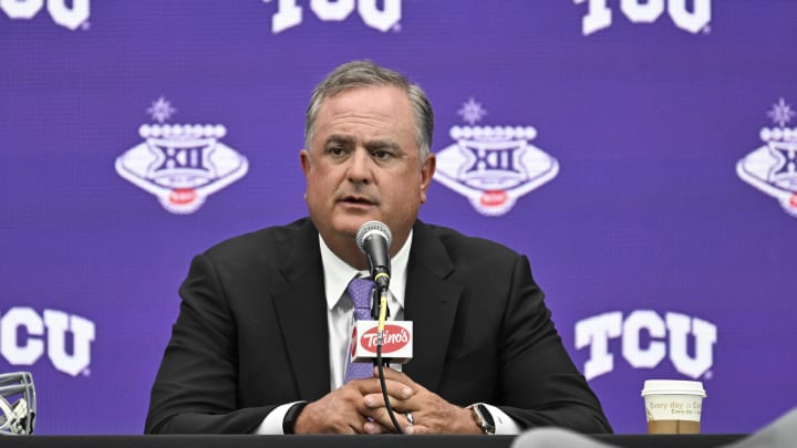 Jul 9, 2024; Las Vegas, NV, USA; TCU Horned Frogs head coach Sonny Dykes speaks to the media during the Big 12 Media Days at Allegiant Stadium. Mandatory Credit: Candice Ward-USA TODAY Sports