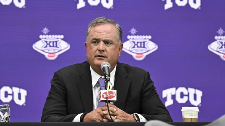 Jul 9, 2024; Las Vegas, NV, USA; TCU Horned Frogs head coach Sonny Dykes speaks to the media during the Big 12 Media Days at Allegiant Stadium. Mandatory Credit: Candice Ward-USA TODAY Sports