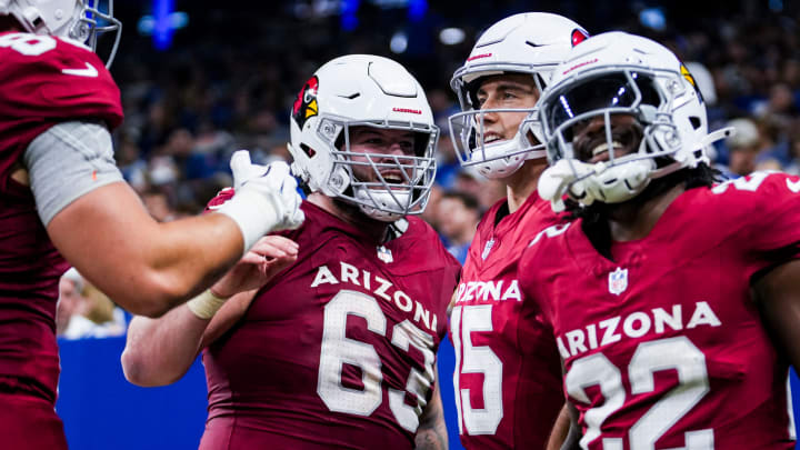 The Arizona Cardinals celebrate a touchdown by Arizona Cardinals quarterback Clayton Tune (15) on Saturday, Aug. 17, 2024, before a preseason game between the Indianapolis Colts and the Arizona Cardinals at Lucas Oil Stadium in Indianapolis.