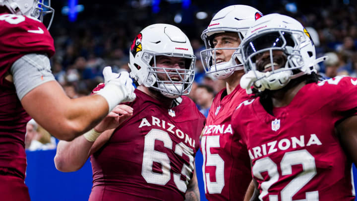 The Arizona Cardinals celebrate a touchdown by Arizona Cardinals quarterback Clayton Tune (15) on Saturday, Aug. 17, 2024, before a preseason game between the Indianapolis Colts and the Arizona Cardinals at Lucas Oil Stadium in Indianapolis.