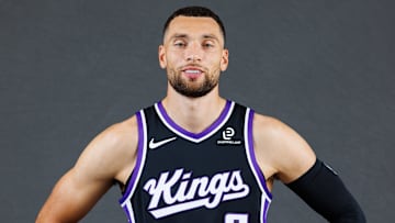Sep 29, 2025; Sacramento, CA, USA; Sacramento Kings guard Zach LaVine (8) during media day at Golden 1 Center. Mandatory Credit: Sergio Estrada-Imagn Images