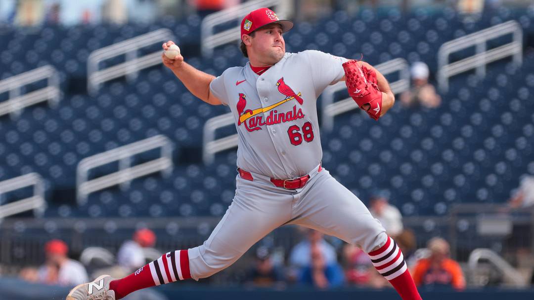 Feb 22, 2026; West Palm Beach, Florida, USA; St. Louis Cardinals relief pitcher Max Rajcic (68) delivers a pitch against the Houston Astros during the fourth inning at CACTI Park of the Palm Beaches. Mandatory Credit: Sam Navarro-Imagn Images