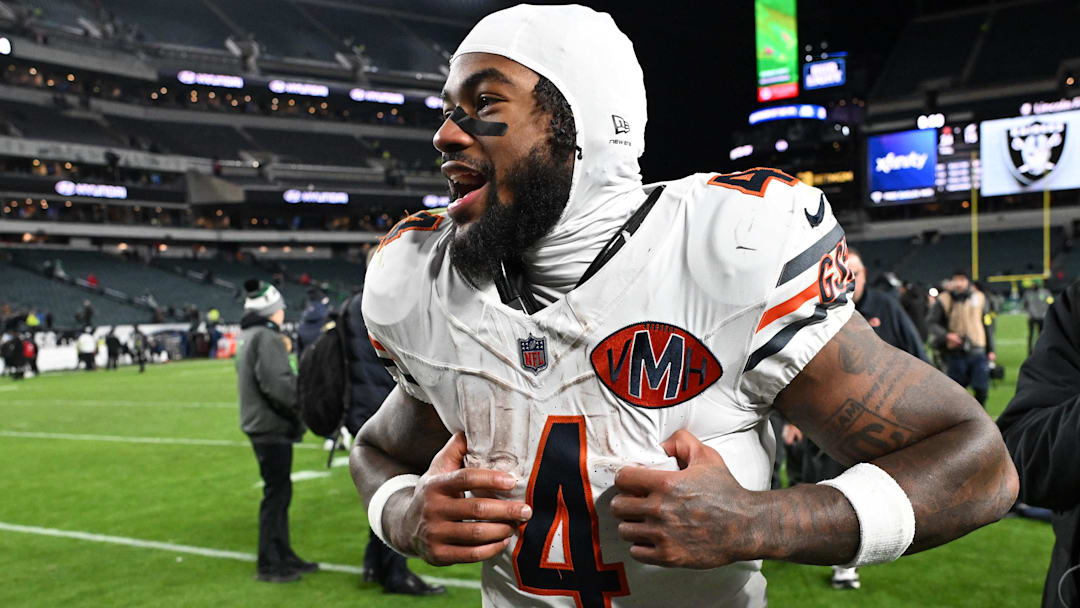 Nov 28, 2025; Philadelphia, Pennsylvania, USA; Chicago Bears running back D'Andre Swift (4) walks off the field after the game against the Philadelphia Eagles at Lincoln Financial Field.