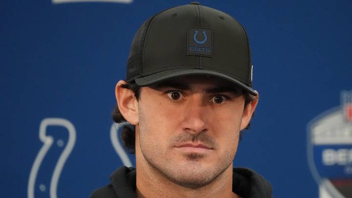 Nov 9, 2025; Berlin, Germany; Indianapolis Colts quarterback Daniel Jones (17) is interviewed after playing against the Atlanta Falcons during the NFL Berlin Game at Olympic Stadium.