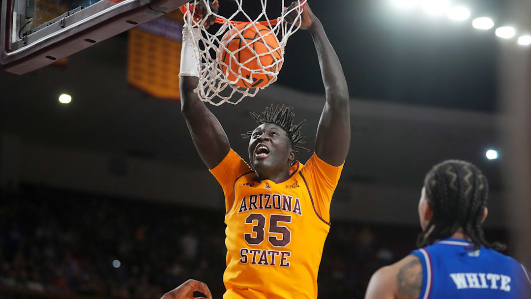 ASU Sun Devils center Massamba Diop (35) dunks the ball against the Kansas Jayhawks at Desert Financial Arena in Tempe on March 3, 2026.
