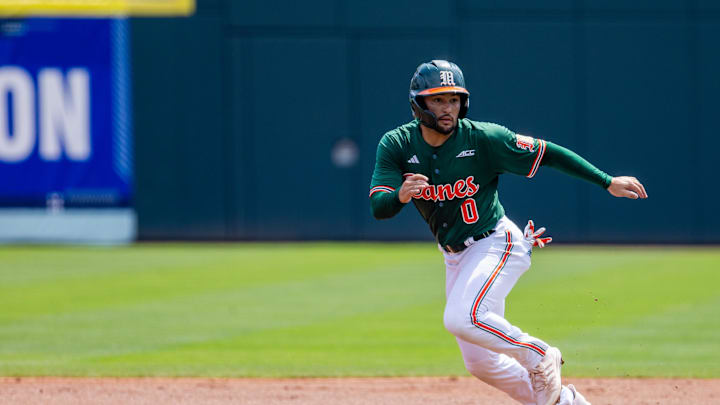 May 23, 2024; Charlotte, NC, USA; Miami (Fl) Hurricanes infielder Dorian Gonzalez Jr. (0) leads off in the second inning against the Clemson Tigers during the ACC Baseball Tournament at Truist Field. Mandatory Credit: Scott Kinser-Imagn Images