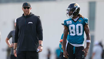Jul 25, 2025; Jacksonville, FL, USA; Jacksonville Jaguars head coach Liam Coen leads training camp at Miller Electric Center. Mandatory Credit: Nathan Ray Seebeck-Imagn Images