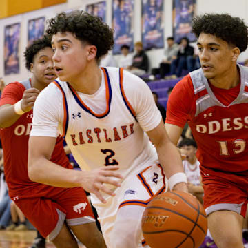 Eastlake’s Diego Diaz (2) dribbles the ball during a boys basketball playoff game against Odessa High on Tuesday, Feb. 18, 2025, at Eastlake High School in El Paso, Texas. Eastlake won, 62-56.
