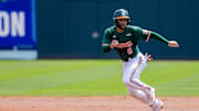 May 23, 2024; Charlotte, NC, USA; Miami (Fl) Hurricanes infielder Dorian Gonzalez Jr. (0) leads off in the second inning against the Clemson Tigers during the ACC Baseball Tournament at Truist Field. 