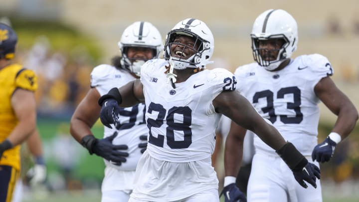 Penn State defensive tackle Zane Durant (28) celebrates after a stop during the third quarter against the West Virginia Mountaineers. 