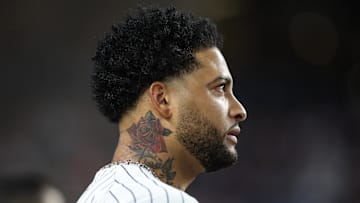 Aug 21, 2025; Bronx, New York, USA;  New York Yankees starting pitcher Luis Gil (81) watches from the dugout in the fifth inning against the Boston Red Sox at Yankee Stadium. Mandatory Credit: Wendell Cruz-Imagn Images