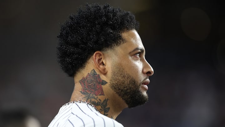 Aug 21, 2025; Bronx, New York, USA;  New York Yankees starting pitcher Luis Gil (81) watches from the dugout in the fifth inning against the Boston Red Sox at Yankee Stadium. Mandatory Credit: Wendell Cruz-Imagn Images
