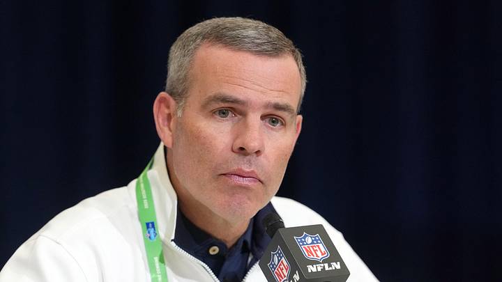 Feb 24, 2026; Indianapolis, IN, USA; Buffalo Bills general manager Brandon Beane speaks at the NFL Scouting Combine at the Indiana Convention Center. Mandatory Credit: Kirby Lee-Imagn Images