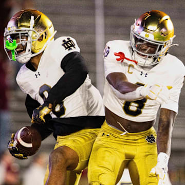 Nov 1, 2025; Chestnut Hill, Massachusetts, USA; Notre Dame safeties Tae Johnson (9) and Adon Shuler (8) leap and celebrate an interception in the fourth quarter against the Boston College Eagles at Alumni Stadium. 