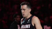 Jan 19, 2025; Miami, Florida, USA;  Miami Heat forward Duncan Robinson (55) is introduced during pregame ceremonies before the game against the San Antonio Spurs at Kaseya Center. Mandatory Credit: Jim Rassol-Imagn Images