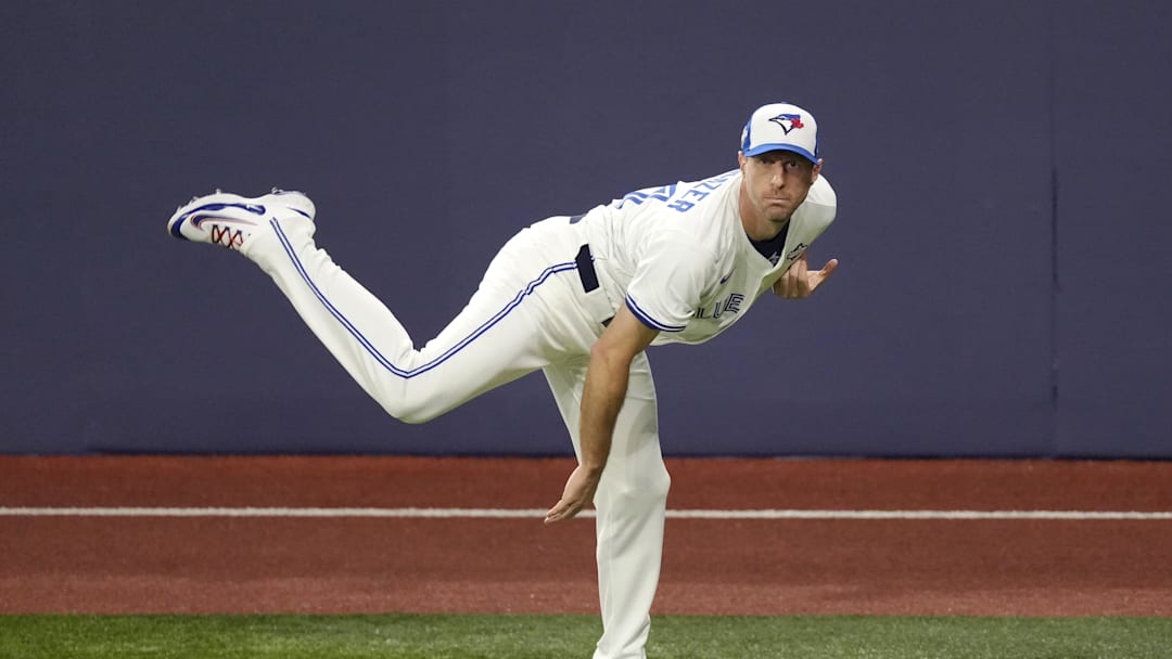 Nov 1, 2025; Toronto, Ontario, CAN; Toronto Blue Jays pitcher Max Scherzer (31) warms up before game seven of the 2025 MLB World Series against the Los Angeles Dodgers at Rogers Centre. Mandatory Credit: Kevin Sousa-Imagn Images