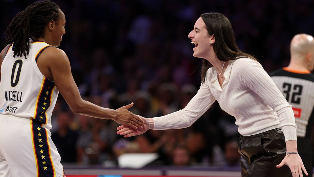 Aug 29, 2025; Los Angeles, California, USA; Indiana Fever guard Caitlin Clark (22) greets guard Kelsey Mitchell (0) during the second half against the Los Angeles Sparks at Crypto.com Arena. Mandatory Credit: Kiyoshi Mio-Imagn Images Aug 29, 2025; Los Angeles, California, USA; Indiana Fever guard Caitlin Clark (22) greets guard Kelsey Mitchell (0) during the second half against the Los Angeles Sparks at Crypto.com Arena. Mandatory Credit: Kiyoshi Mio-Imagn Images