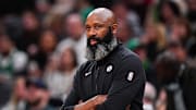 Feb 14, 2024; Boston, Massachusetts, USA; Brooklyn Nets head coach Jacque Vaughn watches from the sideline at they take on the Boston Celtics at TD Garden. Mandatory Credit: David Butler II-Imagn Images