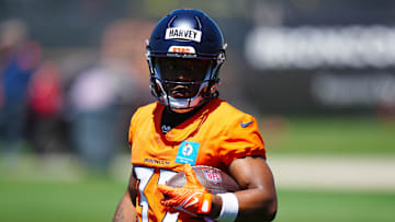 Denver Broncos running back RJ Harvey (37) during rookie minicamp at Broncos Park Powered by CommonSpirit. 