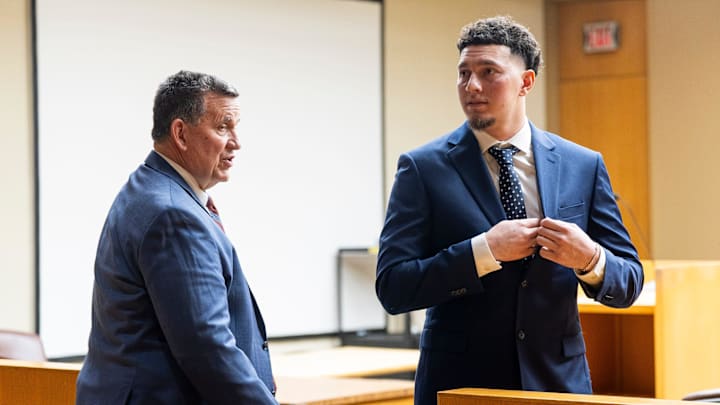 Tennessee quarterback Joey Aguilar, right, in the courtroom before a hearing in Knox County Chancery Court in Knoxville, Tenn., on Feb. 13, 2026.