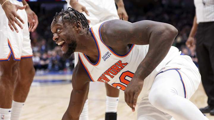 Mar 9, 2022; Dallas, Texas, USA;  New York Knicks forward Julius Randle (30) laughs during the second half against the Dallas Mavericks at American Airlines Center. Mandatory Credit: Kevin Jairaj-Imagn Images