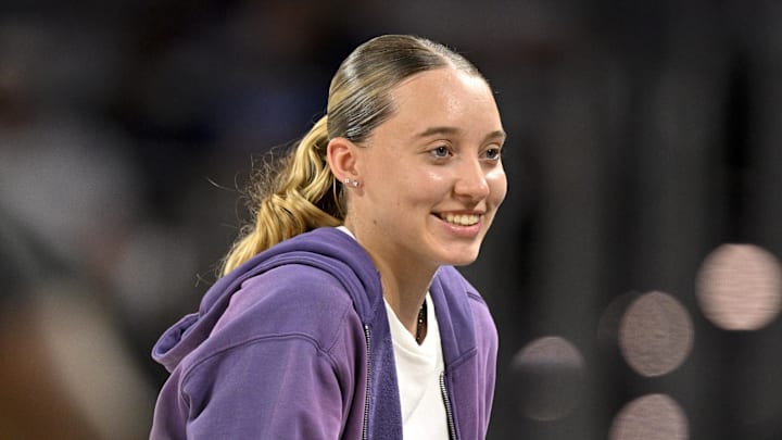Oct 6, 2025; Fort Worth, Texas, USA; Dallas Wings guard Paige Bueckers looks on during the second quarter between the Dallas Mavericks and the Oklahoma City Thunder at Dickie's Arena. Mandatory Credit: Jerome Miron-Imagn Images