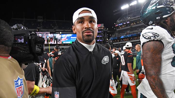 Aug 7, 2025; Philadelphia, Pennsylvania, USA; Philadelphia Eagles quarterback Jalen Hurts (1) on the field after game against the Cincinnati Bengals at Lincoln Financial Field. Mandatory Credit: Eric Hartline-Imagn Images