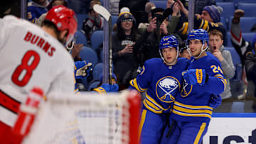 Jan 15, 2025; Buffalo, New York, USA;  Buffalo Sabres center Dylan Cozens (24) celebrates his goal with right wing JJ Peterka (77) during the second period against the Carolina Hurricanes at KeyBank Center. Mandatory Credit: Timothy T. Ludwig-Imagn Images
