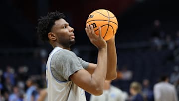 Mar 17, 2025; Dayton, OH, USA; North Carolina Tar Heels forward Jalen Washington (13) shoots the ball during the First Four Practice at UD Arena. Mandatory Credit: Rick Osentoski-Imagn Images
