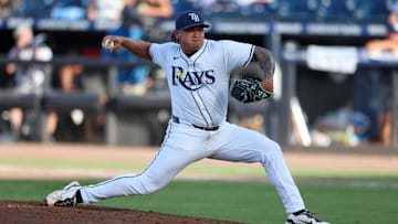 Tampa, Florida, USA; Tampa Bay Rays pitcher Manuel Rodriguez (39) throws a pitch against the Miami Marlins in the eighth inning  at George M. Steinbrenner Field.