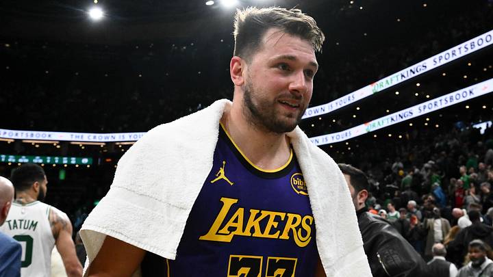 Mar 8, 2025; Boston, Massachusetts, USA; Los Angeles Lakers guard Luka Doncic (77) walks off of the court after a game against the Boston Celtics at the TD Garden. Mandatory Credit: Brian Fluharty-Imagn Images