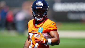 May 10, 2025; Englewood, CO, USA; Denver Broncos running back RJ Harvey (37) during rookie minicamp at Broncos Park Powered by CommonSpirit. Mandatory Credit: Ron Chenoy-Imagn Images